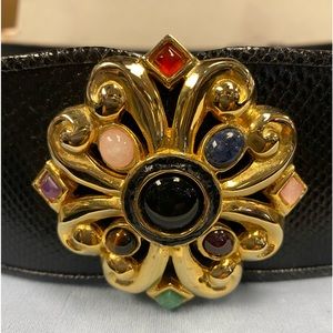 Judith Leiber reptile black wide belt with gold buckle and genuine stones